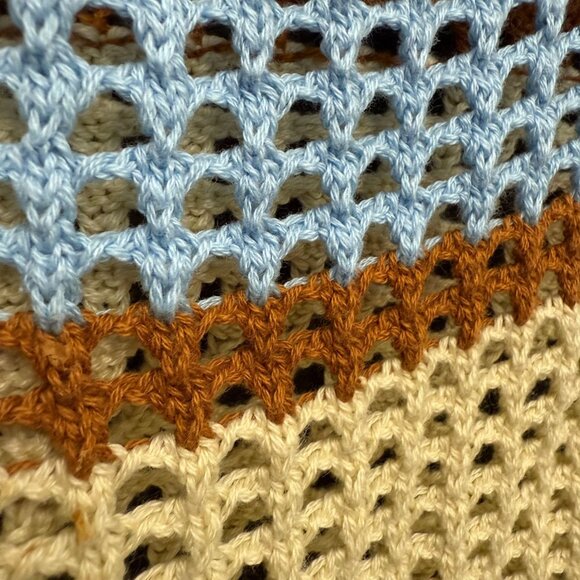 Urban Outfitters Chloe Crop Open-Knit Sweater Top Bell Sleeves M Blue Yellow - Picture 3 of 9